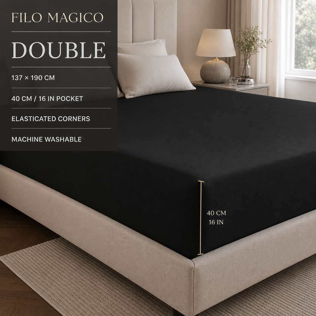 Filo Magico black double fitted sheet dimensions and 40 cm deep pocket