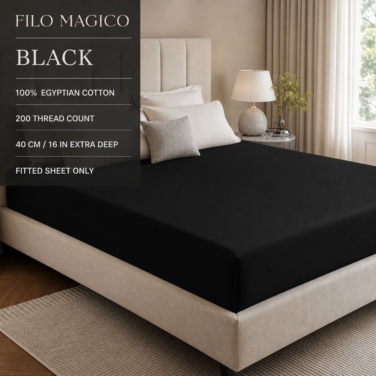 Filo Magico black 200 thread count Egyptian cotton fitted sheet specifications