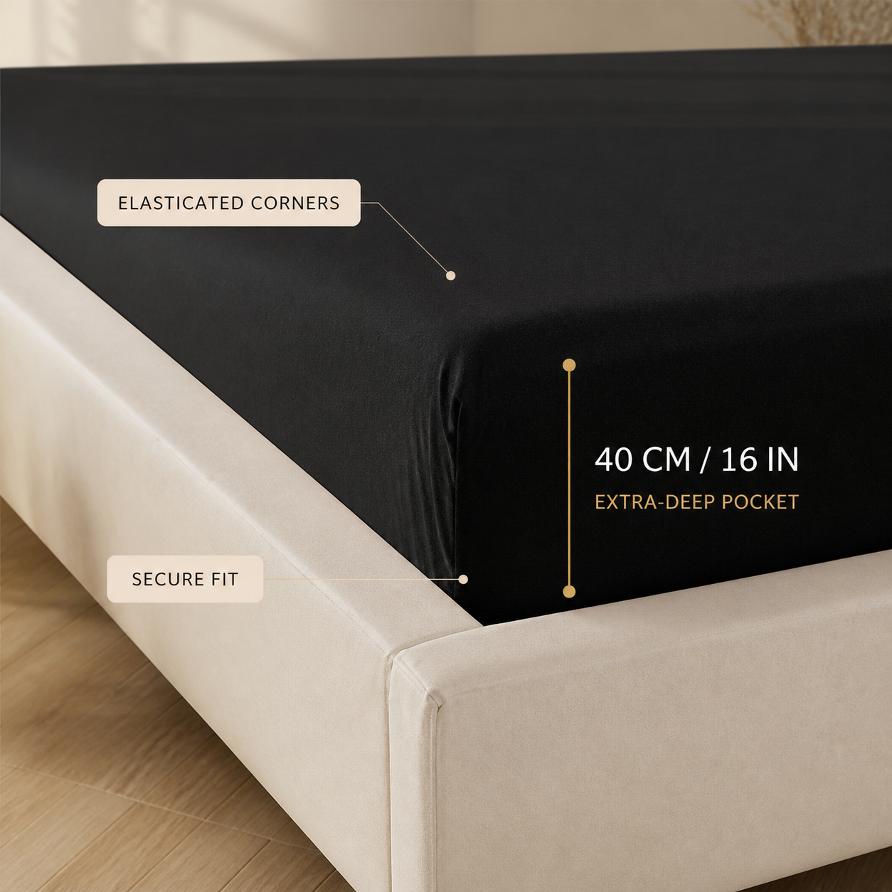 200 Thread Count Egyptian Cotton 40cm Deep Fitted Sheet — Black, Double - Image 3