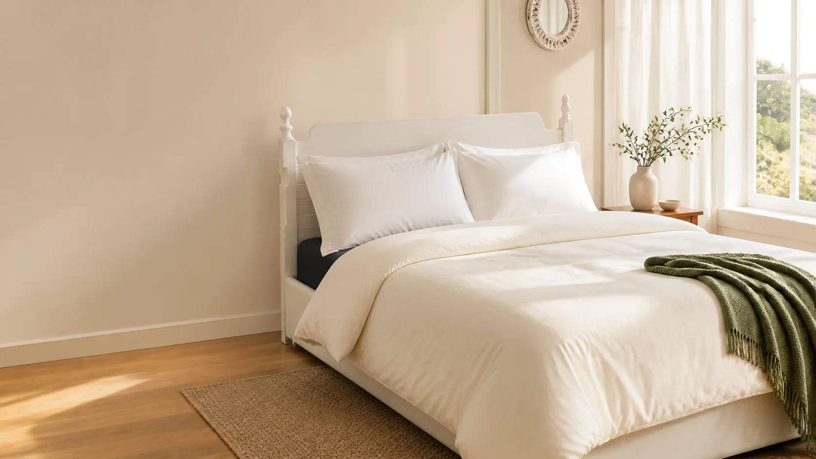 A bedroom styled with neutral bedding